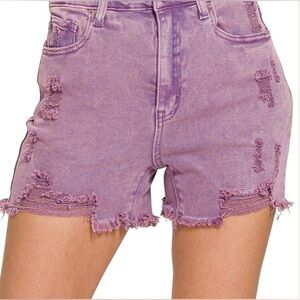 Zenana Outfitters Purple Distressed Denim Shorts